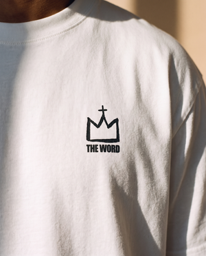 Light of the World tee, white, back print edition, man, front crown chest macro