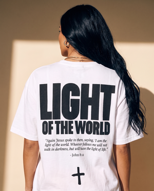 Light of the World tee, white, back print edition, woman, back print close up