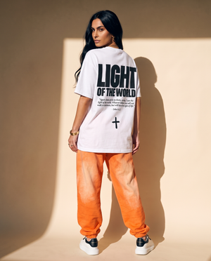 Light of the World tee, white, back print edition, woman, back print full body look over