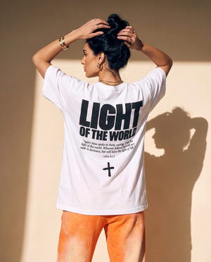 Light of the World tee, white, back print edition, woman, back print hands in hair