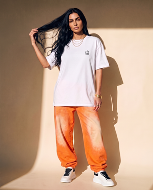 Light of the World tee, white, back print edition, woman, front crown thigh up