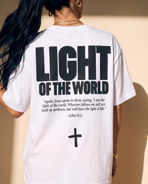 Light of the World tee, white, back print edition, woman, back print detail