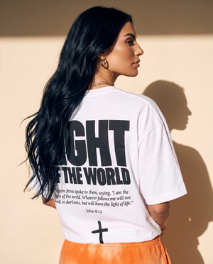 Light of the World tee, white, back print edition, woman, back print over shoulder