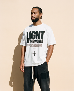 Light of the World tee, white, front print, man, look away thigh up