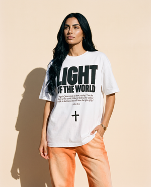Light of the World tee, white, front print, woman, standing thigh up