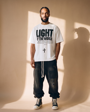 Light of the World tee, white, front print, man, standing full body