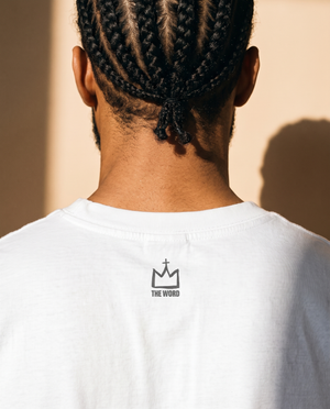 Light of the World tee, white, back print, man, crown close up