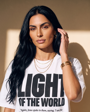 Light of the World tee, white, front print, woman, portrait