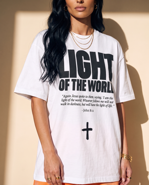 Light of the World tee, white, front print, woman, chest close up