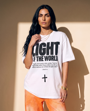 Light of the World tee, white, front print, woman, detail close up