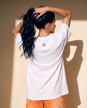 Light of the World tee, white, back print, woman, crown close up