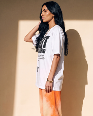 Light of the World tee, white, front print, woman, side profile