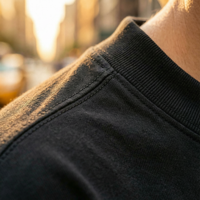 Fabric detail, close up of the shoulder seam and ribbed collar on a black tee