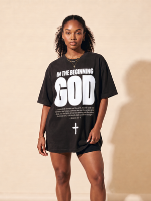In The Beginning God MONOCHROME tee, black, front print, woman, standing full body