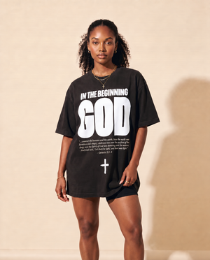 In The Beginning God MONOCHROME tee, black, front print, woman, standing full body