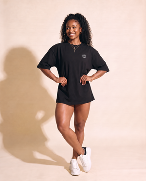 In The Beginning God MONOCHROME tee, black, back print edition, woman, front crown full body