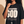 In The Beginning God MONOCHROME tee, black, front print, woman, chest close up