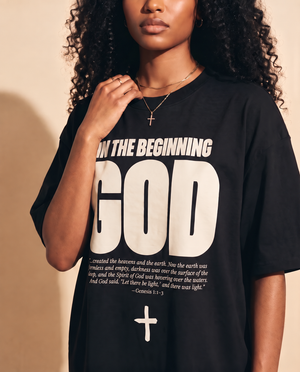In The Beginning God MONOCHROME tee, black, front print, woman, chest close up