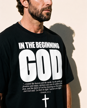 In The Beginning God MONOCHROME tee, black, front print, man, chest close up