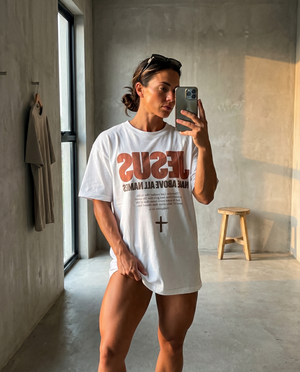 Jesus - Name Above All Names in White – Mirror selfie in The Word Christian T-Shirt