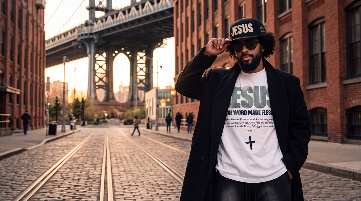 Man in a JESUS snapback under the Manhattan Bridge, Dumbo
