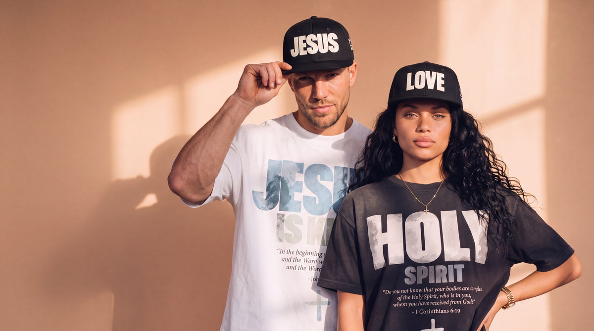 Man in a JESUS snapback and woman in a LOVE snapback