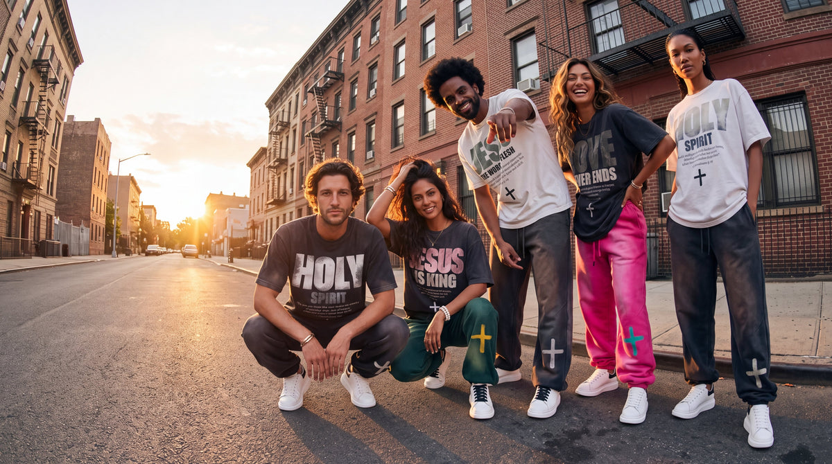 Five friends in The Word heavyweight sweatpants in all four colours on a Brooklyn street at sunset