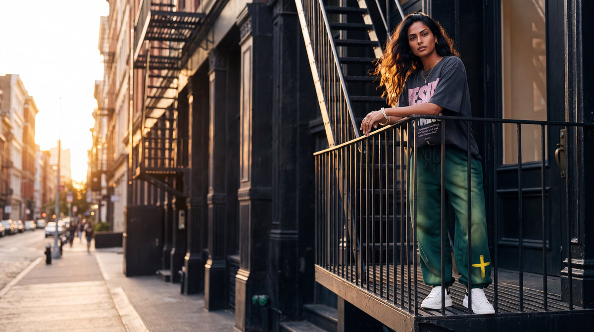 Woman in the mineral green heavyweight sweatpants on a SoHo fire escape, The Word