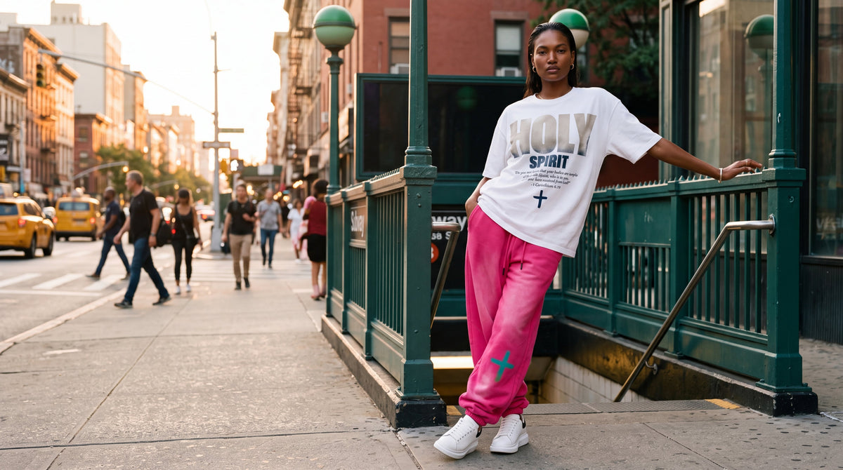 Woman in the dark pink heavyweight sweatpants at a New York subway entrance, The Word