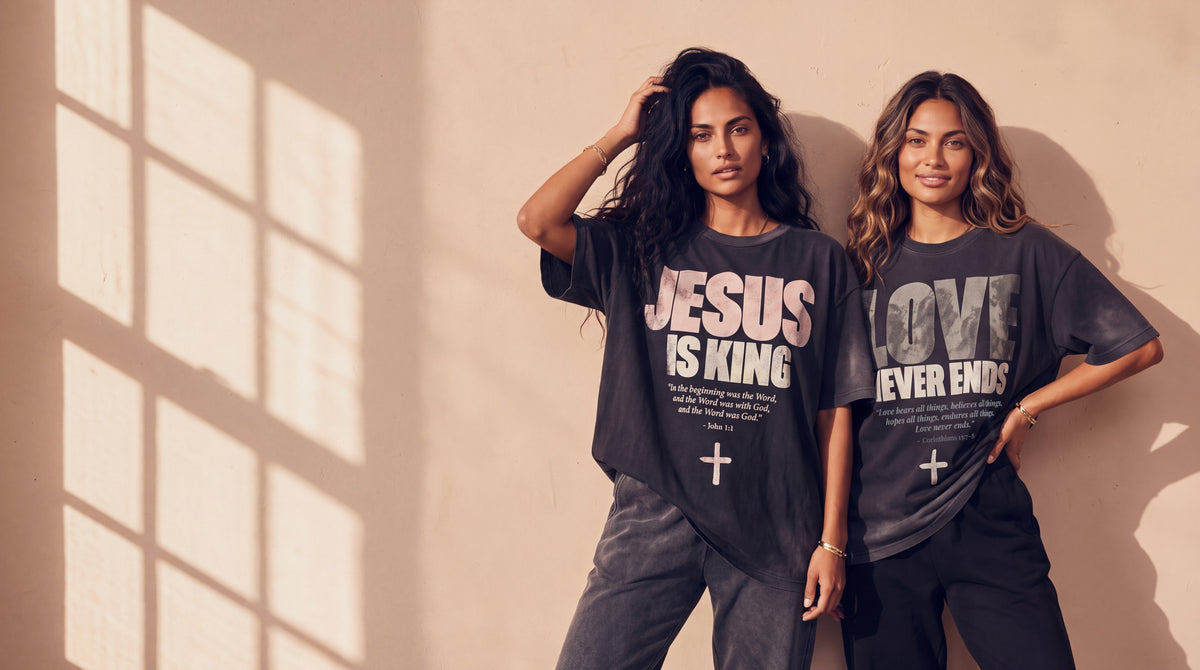 Two women in the Jesus Is King and Love Never Ends tees in the studio, The Word