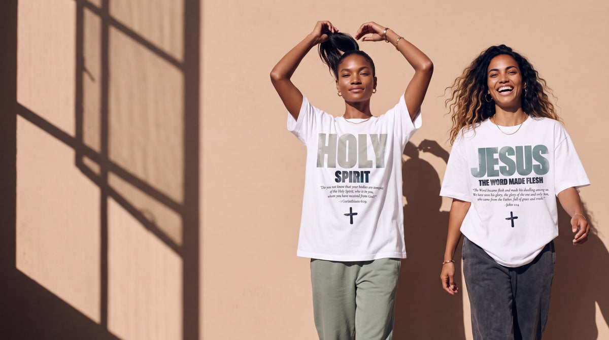 Two women in the white Holy Spirit and Jesus The Word Made Flesh tees in the studio, The Word
