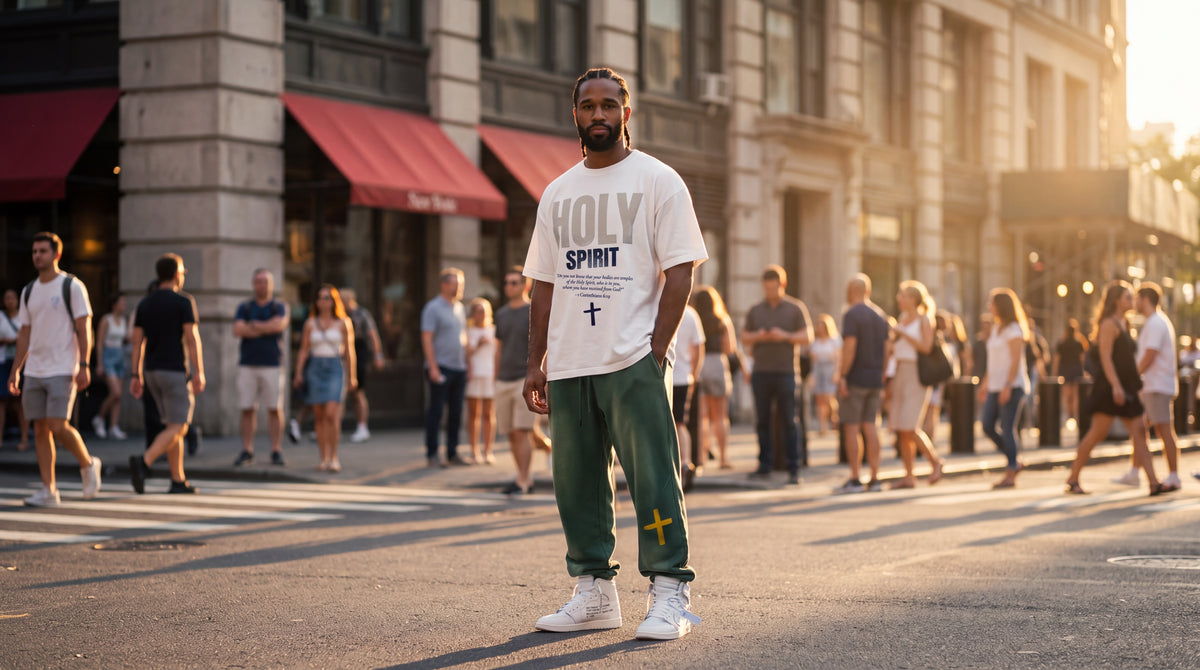Man in the white Holy Spirit tee and green sweatpants on a New York street at sunset, The Word