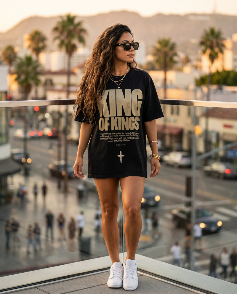 King of Kings – Woman on LA rooftop in black Christian T-Shirt by The Word