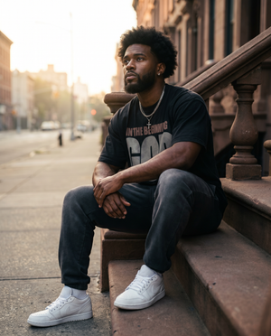 In the Beginning God – Man sitting on Harlem stoop in The Word black T-Shirt
