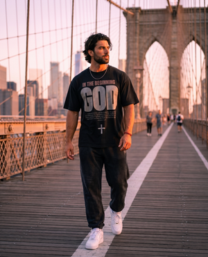 In the Beginning God – Man on Brooklyn Bridge in The Word Christian T-Shirt
