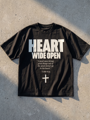 Heart Wide Open MONOCHROME tee, black, flat lay, front print with Luke 6:45 and cross