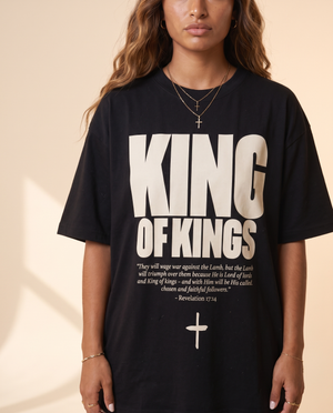 King of Kings MONOCHROME tee, black, front print, woman, chest close up