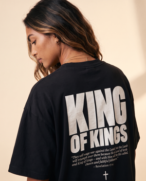 King of Kings MONOCHROME tee, black, back print edition, woman, back print close up