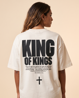 King of Kings MONOCHROME tee, white, back print edition, woman, back print close up