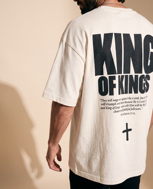 King of Kings MONOCHROME tee, white, back print edition, man, back print close up