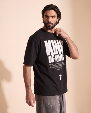 King of Kings MONOCHROME tee, black, front print, man, three quarter hand on collar