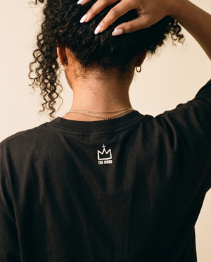 In The Beginning God MONOCHROME tee, black, back print, woman, crown close up