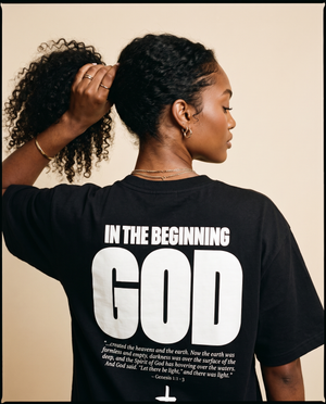 In The Beginning God MONOCHROME tee, black, back print edition, woman, back print close up