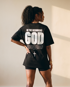 In The Beginning God MONOCHROME tee, black, back print edition, woman, back print look over