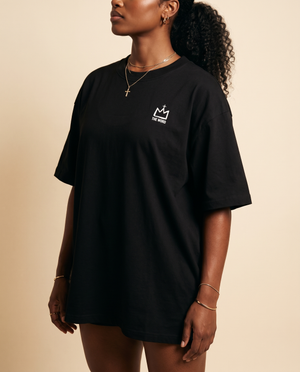 In The Beginning God MONOCHROME tee, black, back print edition, woman, front crown