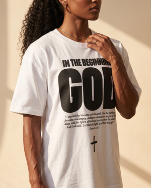 In The Beginning God MONOCHROME tee, white, front print, woman, chest close up
