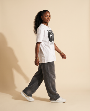 In The Beginning God MONOCHROME tee, white, front print, woman, walk in