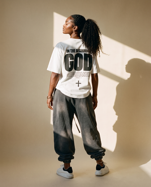 In The Beginning God MONOCHROME tee, white, back print edition, woman, back print look over