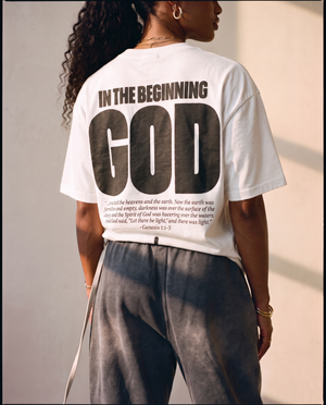 In The Beginning God MONOCHROME tee, white, back print edition, woman, back print close up