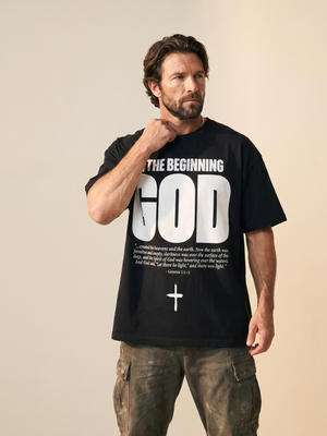 In The Beginning God MONOCHROME tee, black, front print, man, three quarter hand on collar